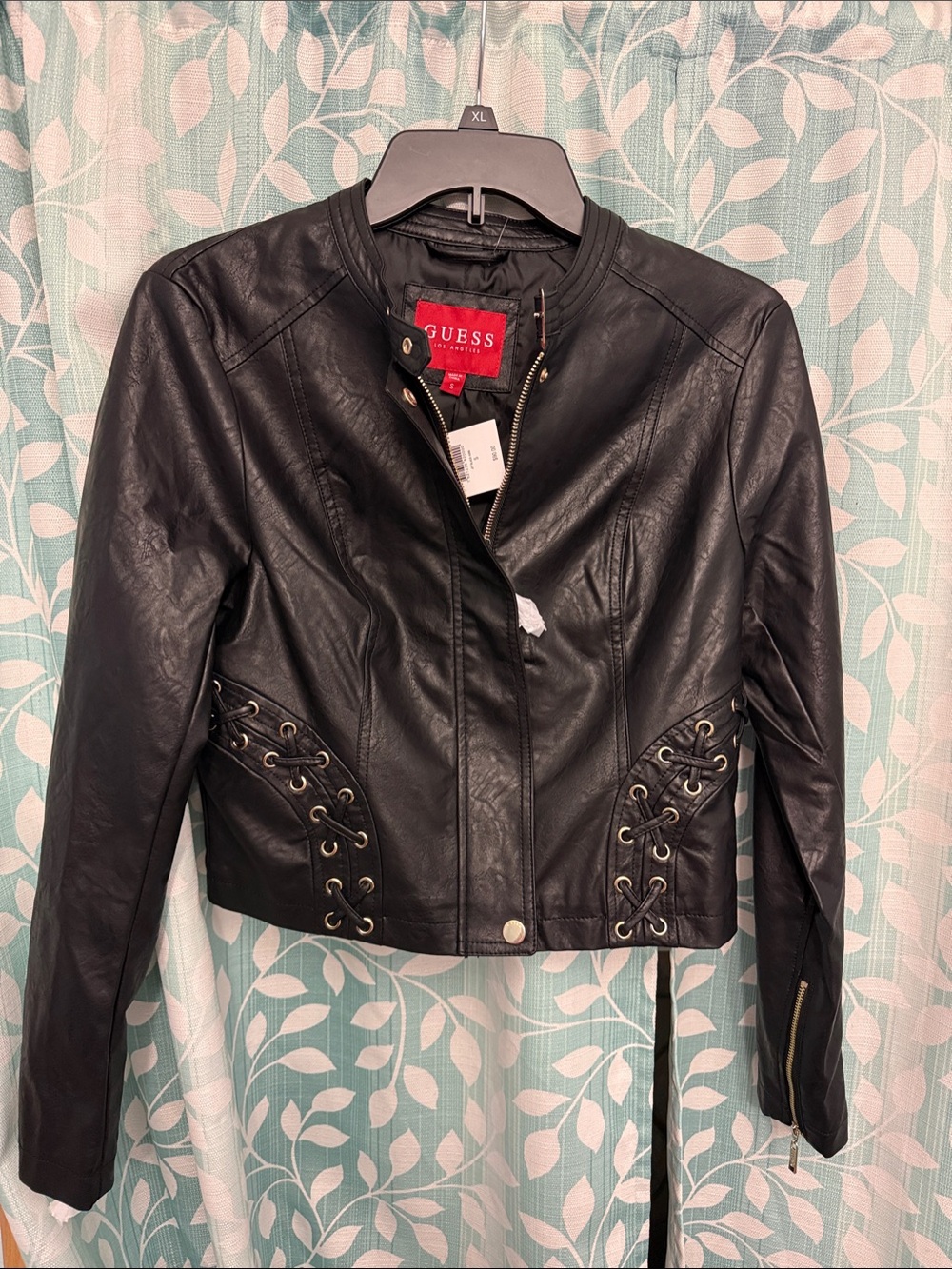 NWTs GUESS Black Faux Leather Lace-Up Side Moto Jacket
